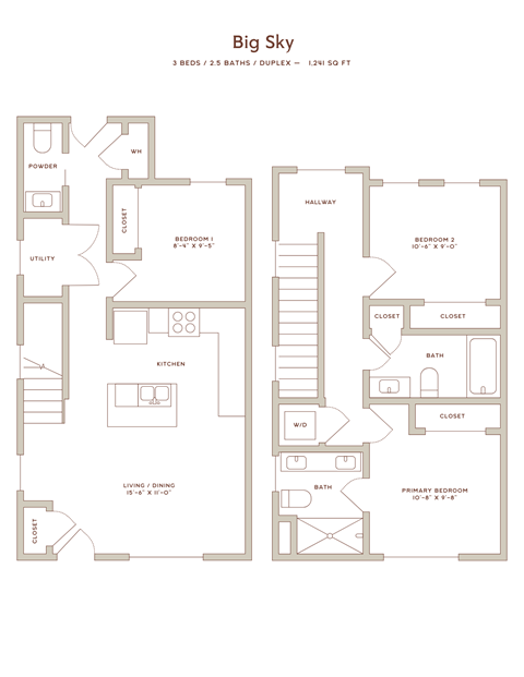 Floor plan for 3 beds, 2.5 baths, 1241 sqft